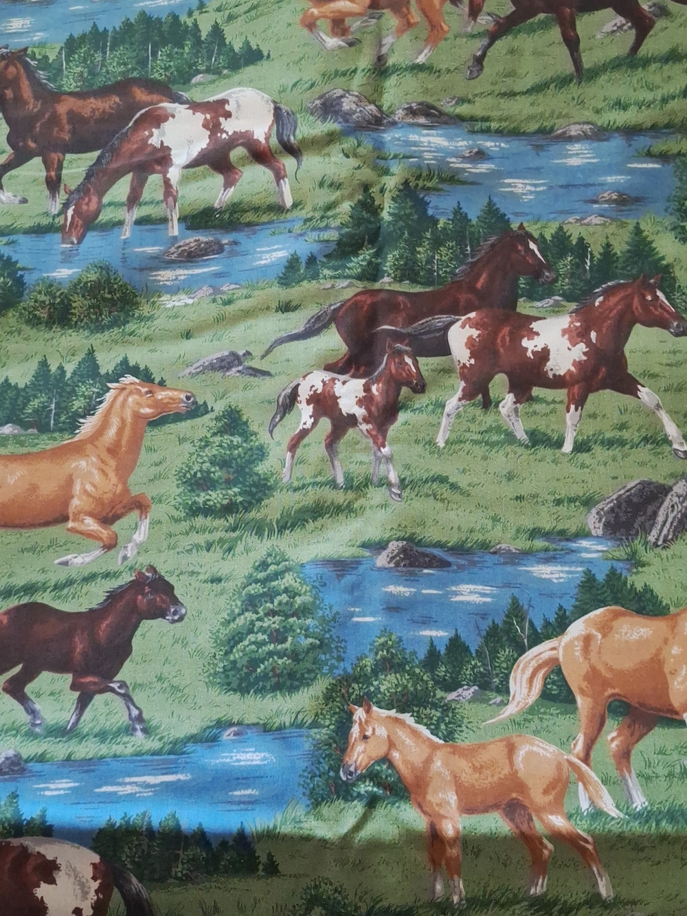 6 Yards Green Horse Meadow 100% Cotton Fabric - Scenic Horse Print